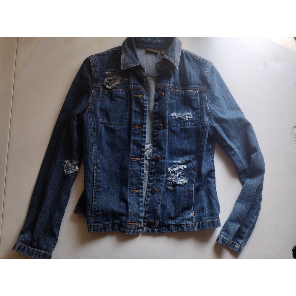 Caslon‎ Womens Distressed Denim Jacket Dark Wash Blue Ripped Trucker Small